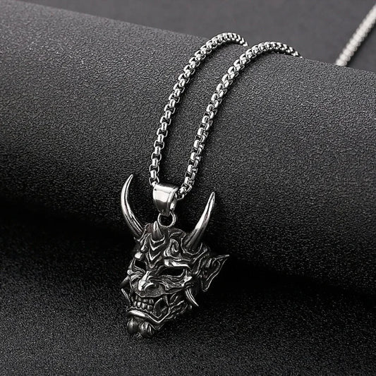 Vintage Punk Demon Mask Samurai Ghost Pendant Necklace — Unisex Long Chain Hip Hop Rock Jewelry, Party Gift Accessory