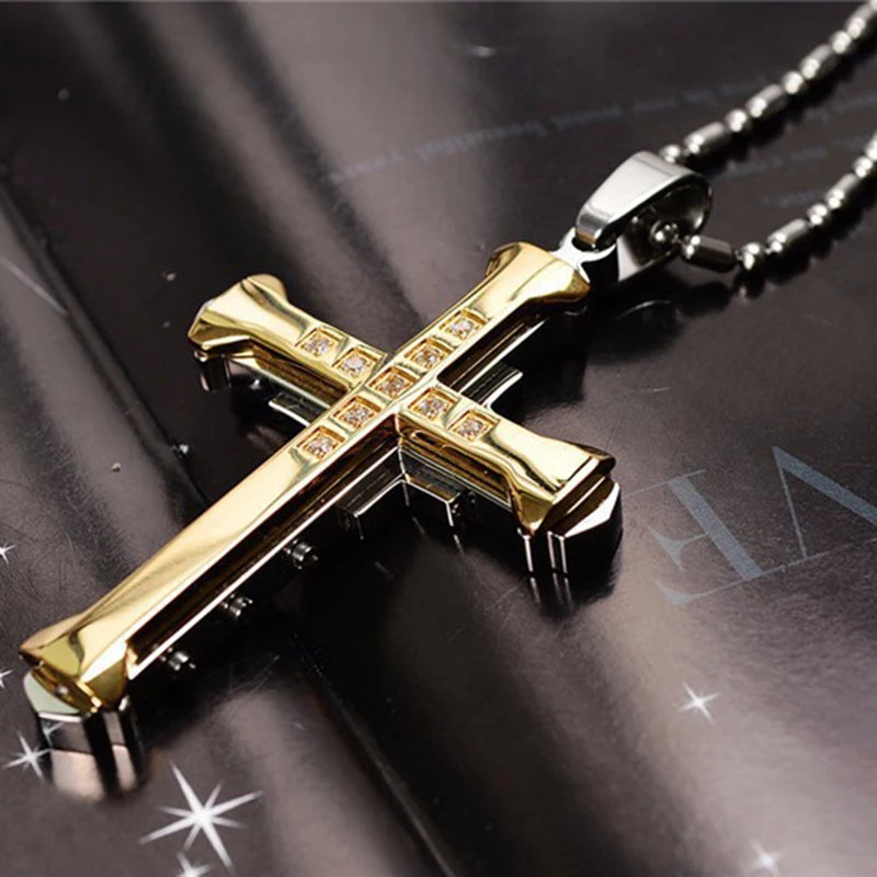 2025 Cross Pendant Necklace for Men – Zircon Black Gold Stainless Steel Hip Hop Punk Chain Jewelry, Simple Cool Fashion Gift