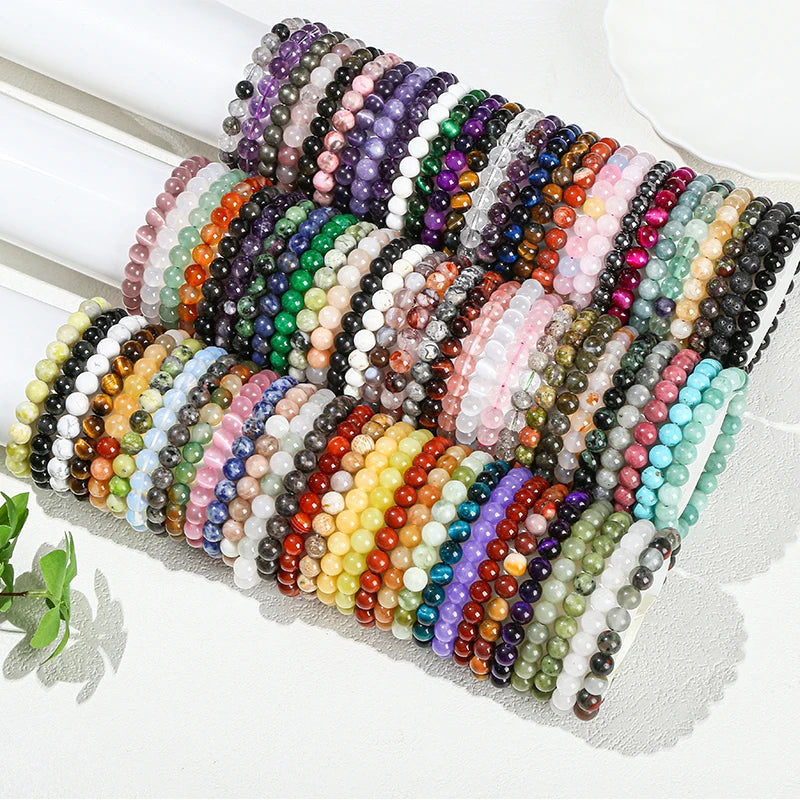 Natural Stone Beaded Bracelet - Obsidian, Fluorite & Quartz Healing Stretch Jewelry for Men & Women
