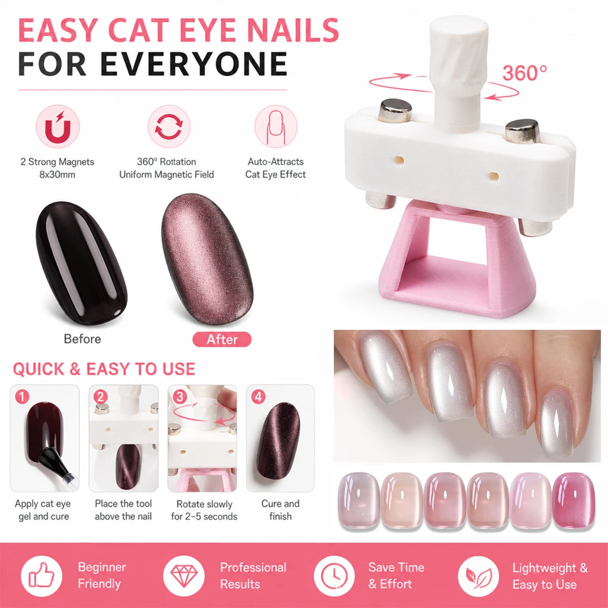 Automatic Cat-Eye Nail Art Tool - Glass Bead Magnetic Design Kit with 8×30mm Magnets for Beginners