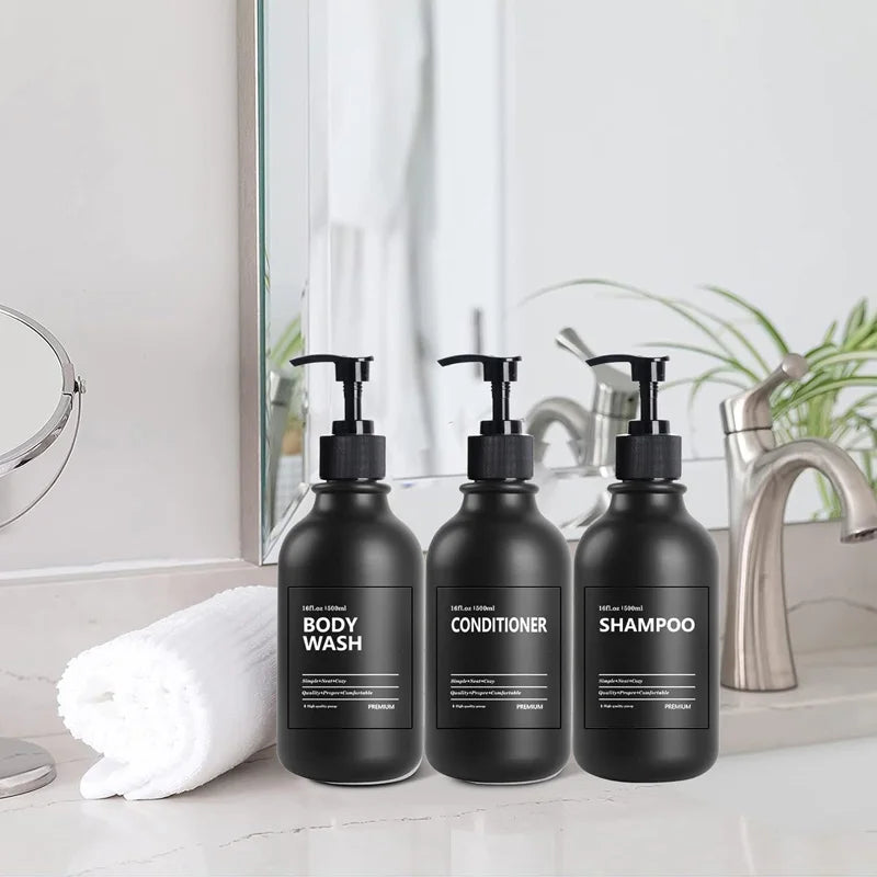 3 Pack 500ml Soap Dispenser Bottles with Labels – Kitchen & Bathroom Shampoo, Conditioner, Liquid Soap Containers