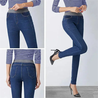 Women's Winter Velvet Stretch Jeans - High Waist Warm Skinny Mom Denim Trousers