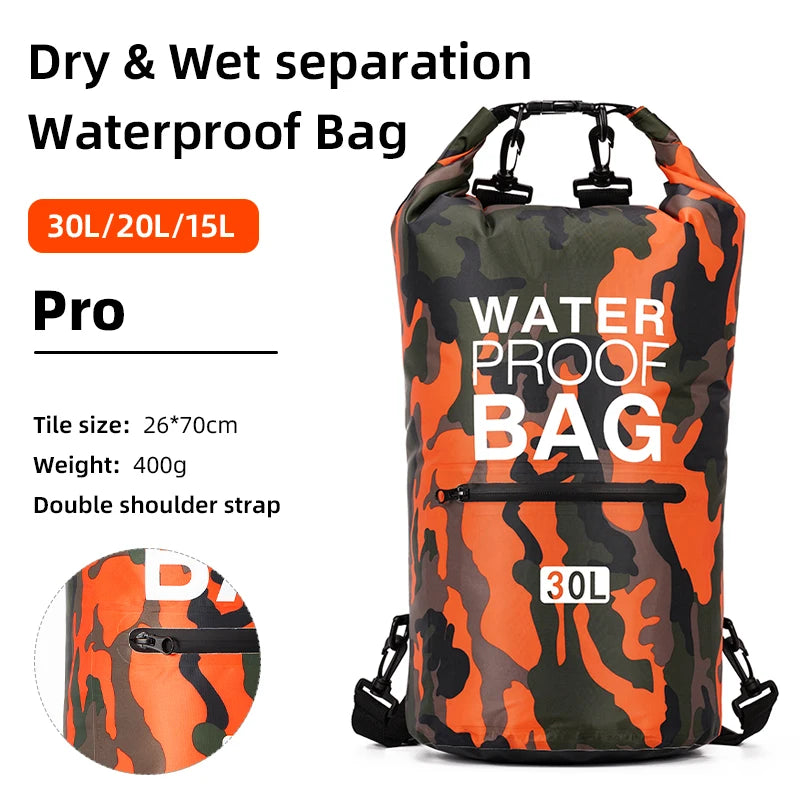 30L/15L Waterproof Dry Bags with Wet Separation Pocket - Backpack for Kayaking, Boating, Swimming, and Outdoor Sports, Model XAZ9
