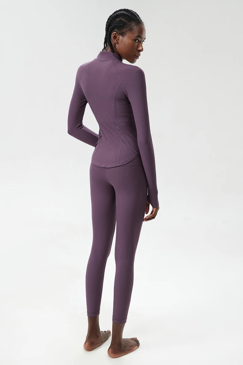 3PCS Women’s Fitness Yoga Set – Solid Color Ribbed Long Sleeve Top & High Waist Leggings, Breathable Workout Sportswear