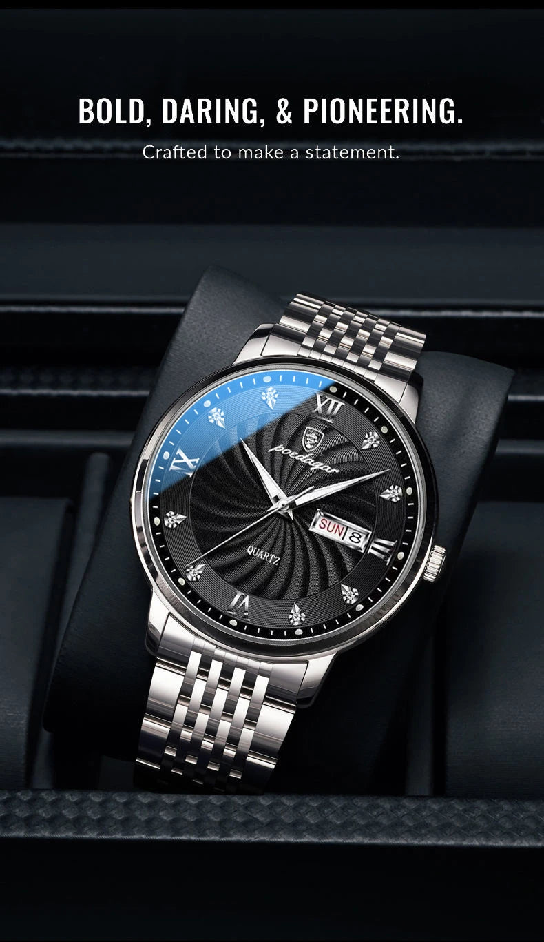 POEDAGAR Luxury Men's Watch — Waterproof Luminous Quartz Wristwatch with Date & Week, Stainless Steel Sports Fashion