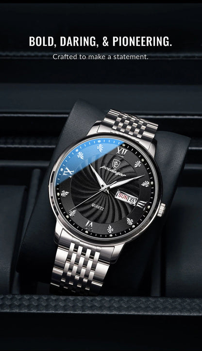 POEDAGAR Luxury Men's Watch — Waterproof Luminous Quartz Wristwatch with Date & Week, Stainless Steel Sports Fashion