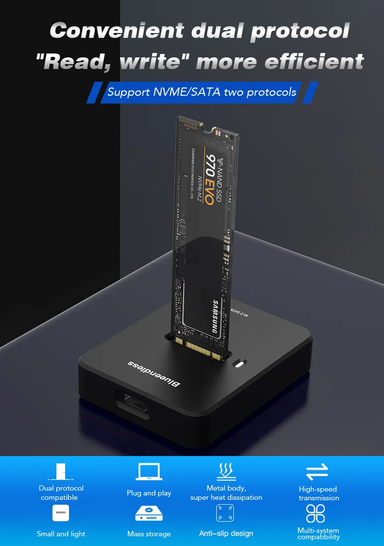 Blueendless External SSD Hard Disk NVME Enclosure – 10G Online Reading/Writing Speed, M.2 NVME SD Docking Station Case