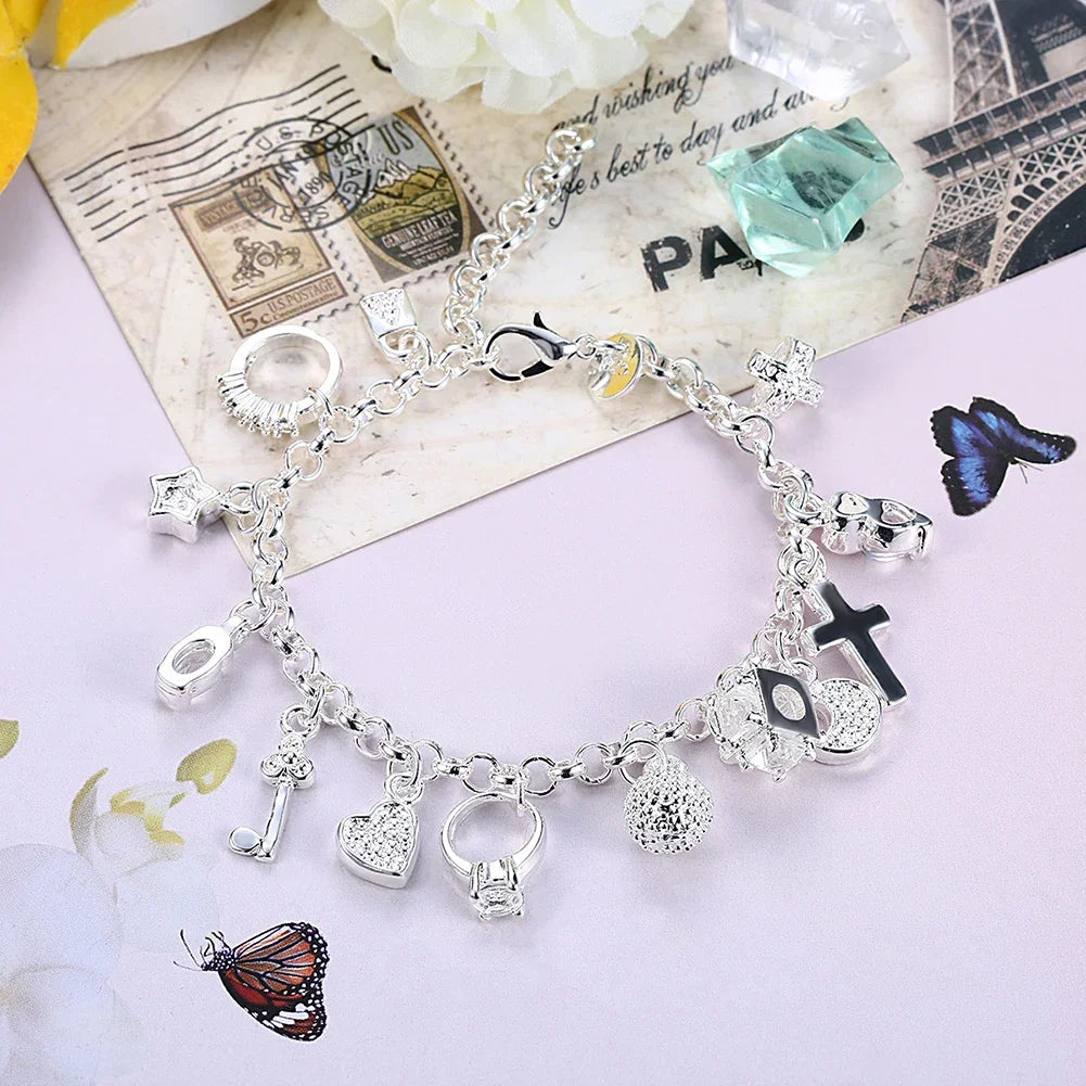 Fashion 925 Sterling Silver Bracelet for Women — Pretty Heart Zircon Pendant Chain, 20CM/8inch, Classic Wedding & Party Jewelry Gift