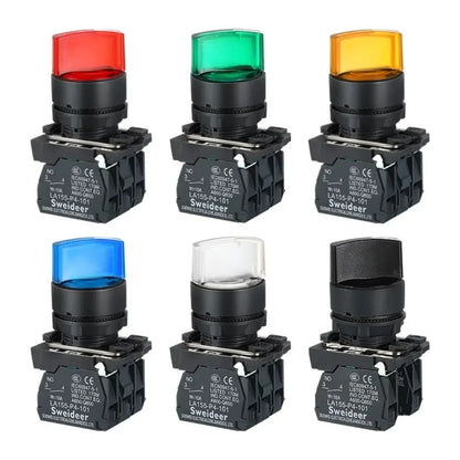 XB4 22mm LED Rotary Selector Switch – 1NO/2NO/1NO1NC Self-Locking 2/3 Position Control Knob 12V/24V/220V 10A Red Green Indicator