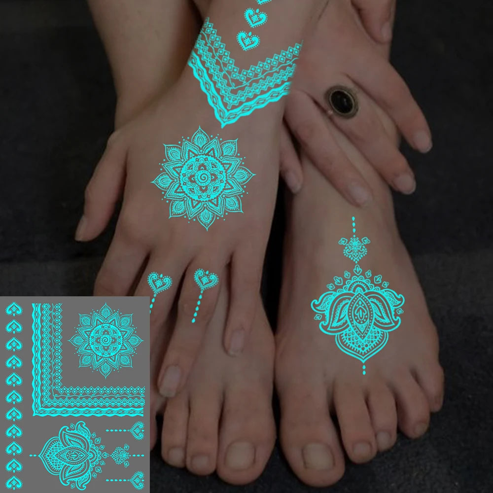 Blue Luminous Glow Henna Temporary Tattoo Stickers – Waterproof Mandala Lace Floral Body Art for Women & Men