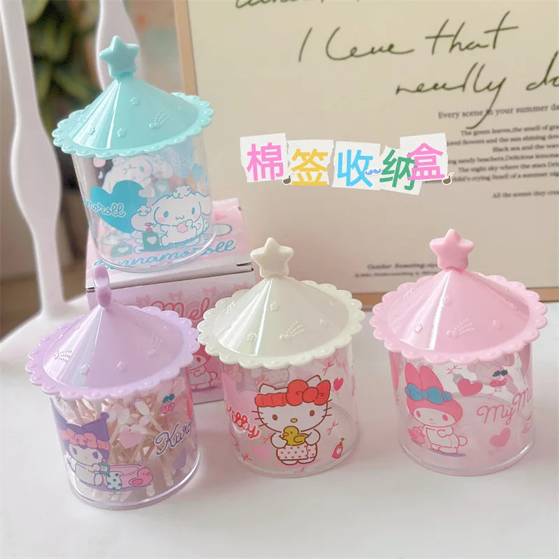 Sanrio Kuromi & Hello Kitty Cotton Swab Storage Box – Cartoon Desktop Organizer with Lid, Jewelry & Accessory Storage Tube Container