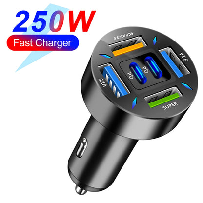66-250W PD Car Charger – QC3.0 Fast Charge, 1-to-6 Cigarette Lighter Plug with Digital Display
