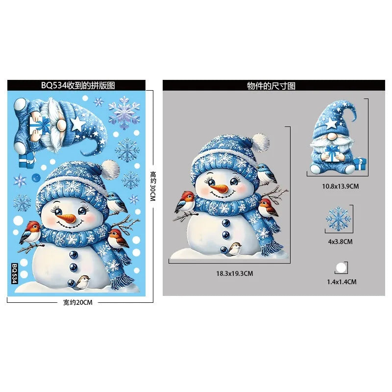 Christmas Blue Snowman Window Stickers – Santa, Snowflake, Bird & Elk Ornaments for Merry Christmas 2025 and Happy New Year 2026