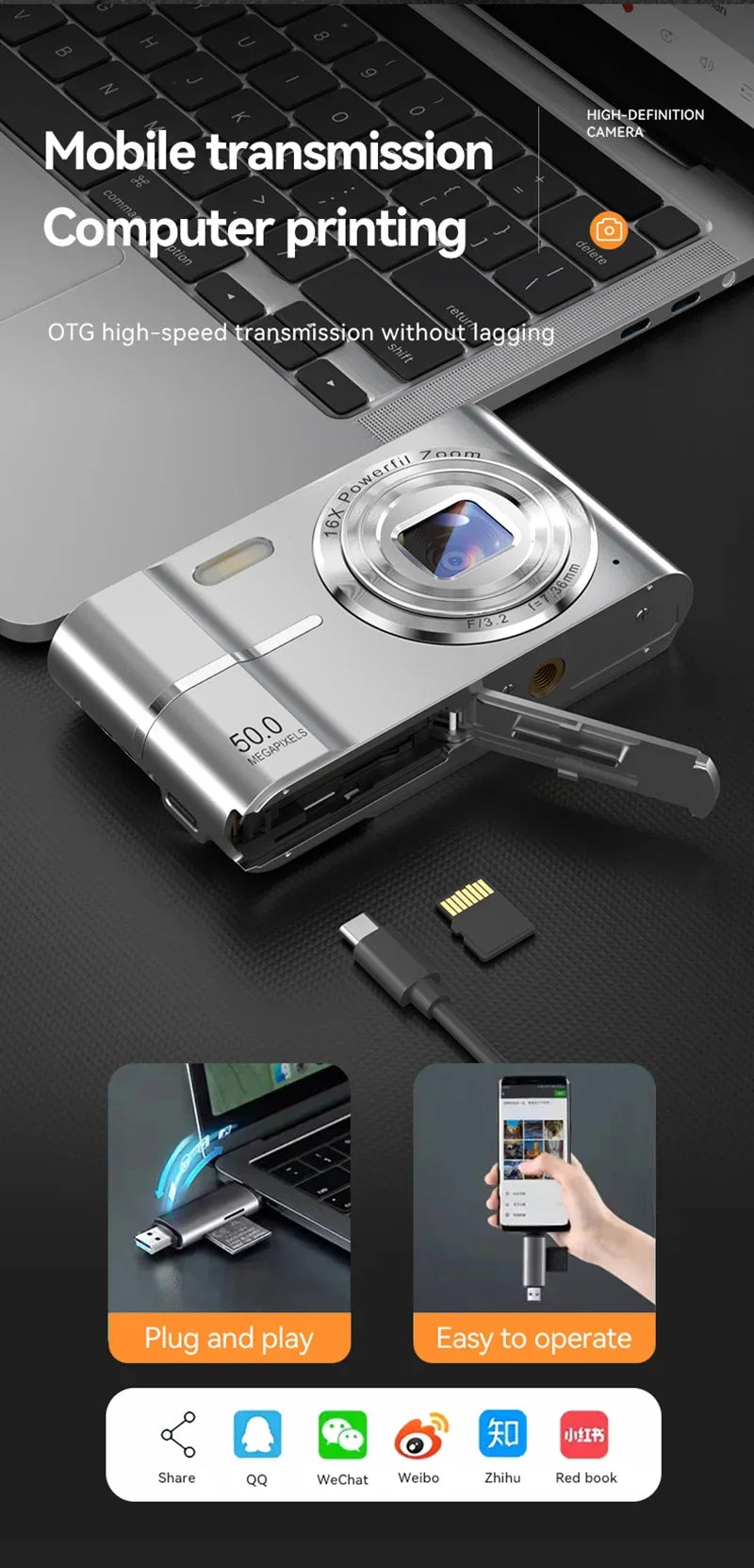 Xiaomi 4K Digital Camera – 50MP, 16X Zoom, Anti-Shake, Flash, Outdoor Student Video Recorder
