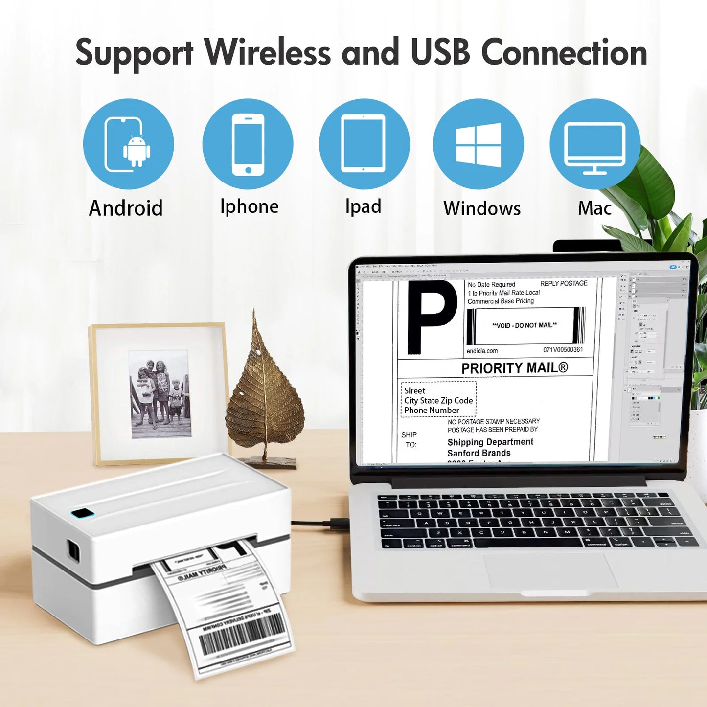 Portable 4x6 Thermal Label Printer - 203DPI Bluetooth USB No-Ink Shipping & Airway Bill Printer