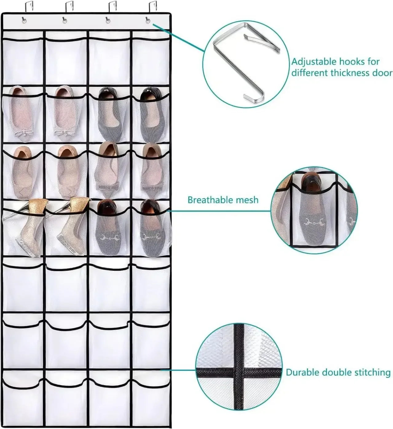 Over The Door Shoe Organizer - 14/24/40 Grid Mesh Pocket Hanging Rack for Closet Shoe Storage & Organization