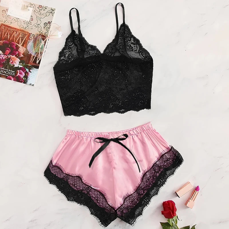 2025 Summer Women's Sexy Lace See-Through Pajamas Set – Black & Pink, Comfortable Breathable Suspender Shorts