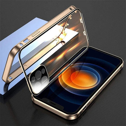 360° Full Protection Magnetic Metal Phone Case - Double-Sided Glass Cover with Lock Buckle for iPhone 11-16 Pro Max