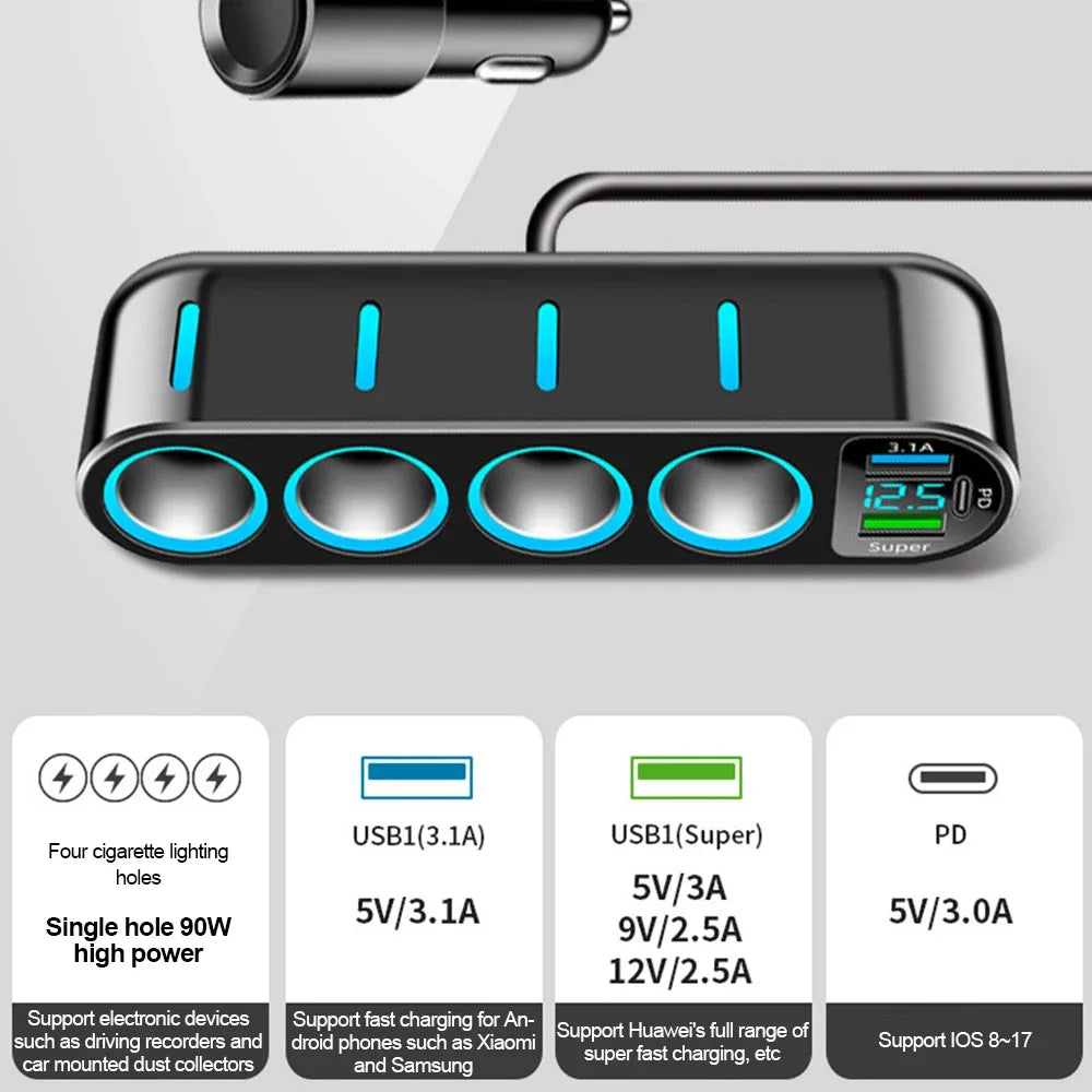 7-in-1 Car Fast Charger Adapter - 12–24V 66W PD Dual USB Cigarette Lighter Splitter with 4 Power Sockets