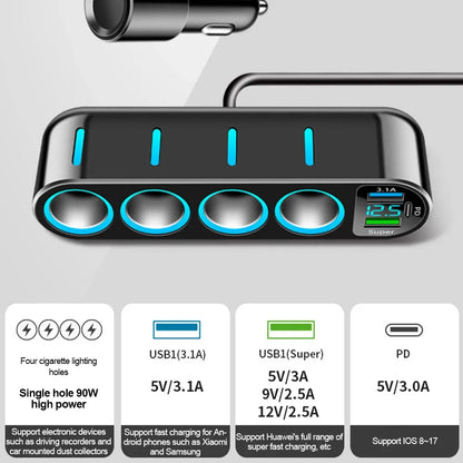 7-in-1 Car Fast Charger Adapter - 12–24V 66W PD Dual USB Cigarette Lighter Splitter with 4 Power Sockets
