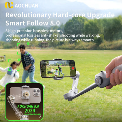 AOCHUAN Smart V8 3-Axis Handheld Gimbal – Phone Stabilizer with Extension Rod, Tripod & Face Tracking for iPhone, Android, TikTok & Vlog