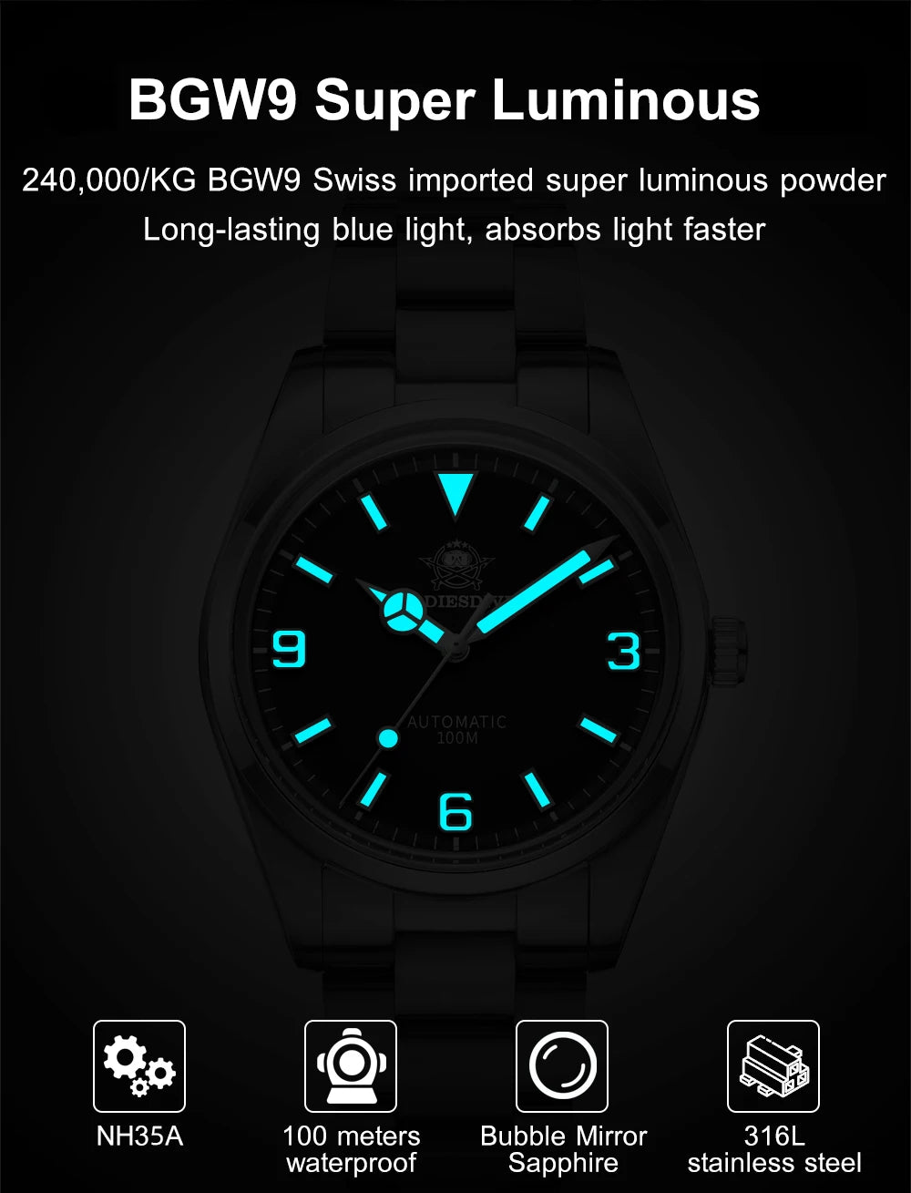 ADDIESDIVE Luxury Men’s Automatic Watch — BGW9 Luminous Bubble Mirror, Sapphire Glass, 100M Waterproof Steel Analog Timepiece