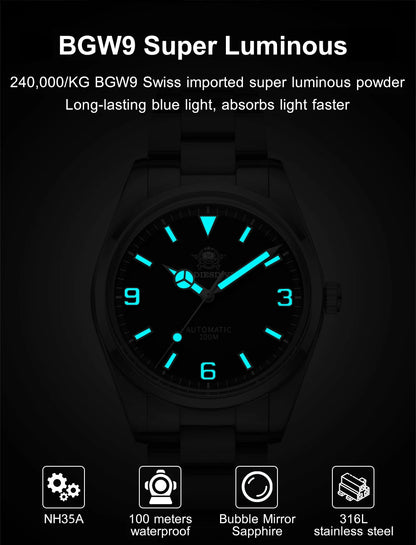 ADDIESDIVE Luxury Men’s Automatic Watch — BGW9 Luminous Bubble Mirror, Sapphire Glass, 100M Waterproof Steel Analog Timepiece