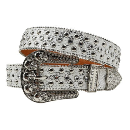 Women’s Rhinestone Skull Leather Belt – Luxury Designer Studded Strap for Jeans, White & Black