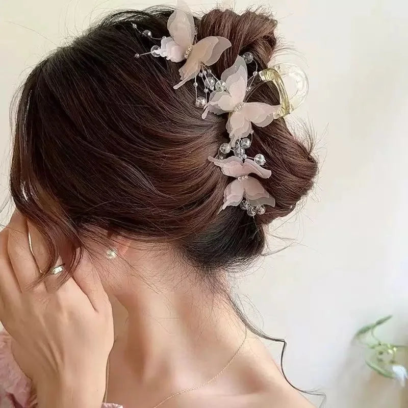 Sheer Butterfly Claw Clip - Pearl Rhinestone Fairycore Hair Accessory