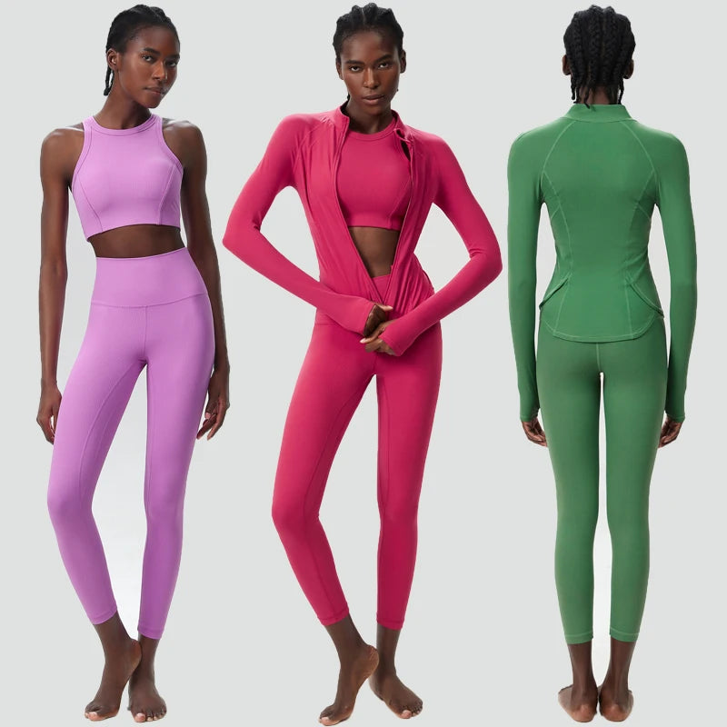 3PCS Women’s Fitness Yoga Set – Solid Color Ribbed Long Sleeve Top & High Waist Leggings, Breathable Workout Sportswear