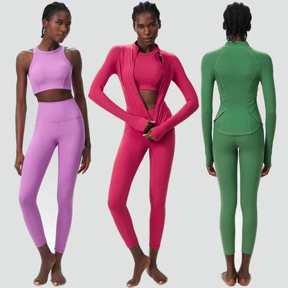 3PCS Women’s Fitness Yoga Set – Solid Color Ribbed Long Sleeve Top & High Waist Leggings, Breathable Workout Sportswear