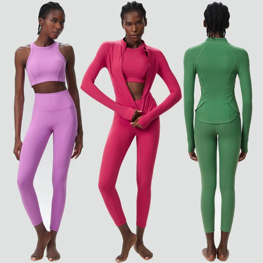 3PCS Women’s Fitness Yoga Set – Solid Color Ribbed Long Sleeve Top & High Waist Leggings, Breathable Workout Sportswear