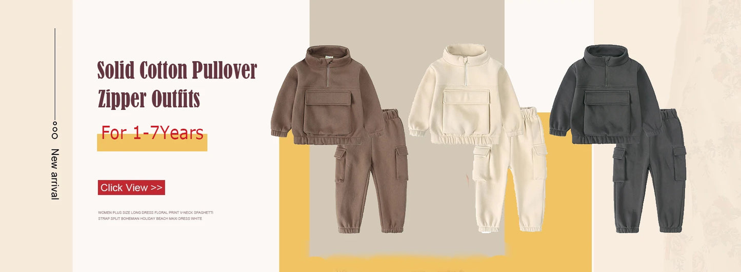 2PCS Kids Clothes Set for 1-7Y - Solid Cotton Pullover Sweatshirt & Pants, Long Sleeve Autumn Outfits for Boys & Girls