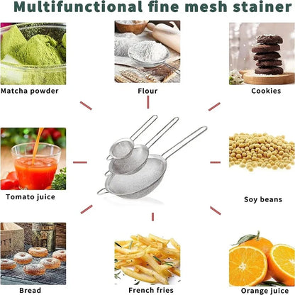 3-Pack Stainless Steel Mesh Sieve Strainers – Slotted Spoon Kitchen Filters with Long Handles for Cooking
