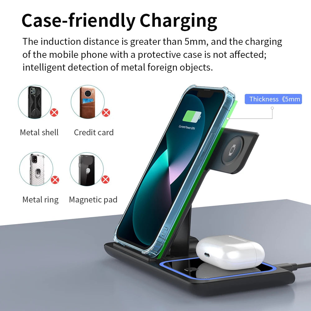 200W 3-in-1 Wireless Charging Stand – Foldable Fast Charging Dock for iPhone 16-8, Apple Watch & AirPods