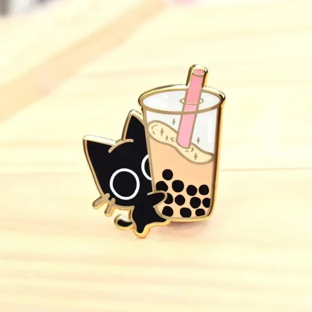Boba Cat Enamel Pin — Cute Black Cat Kawaii Bubble Tea Accessory Pin
