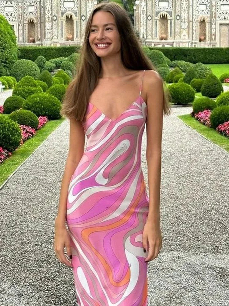 Women’s Striped Rainbow Spaghetti Strap Dress – Sleeveless Backless V-Neck Split Beach Dress, 2025 Summer Party Chic Robe
