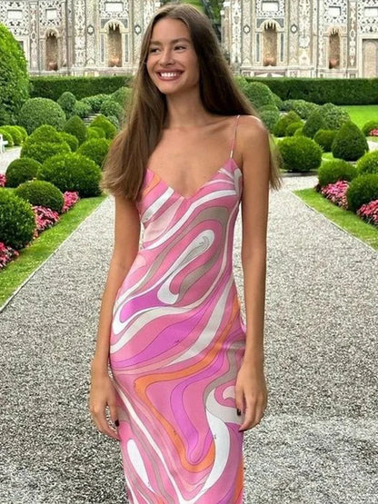 Women’s Striped Rainbow Spaghetti Strap Dress – Sleeveless Backless V-Neck Split Beach Dress, 2025 Summer Party Chic Robe