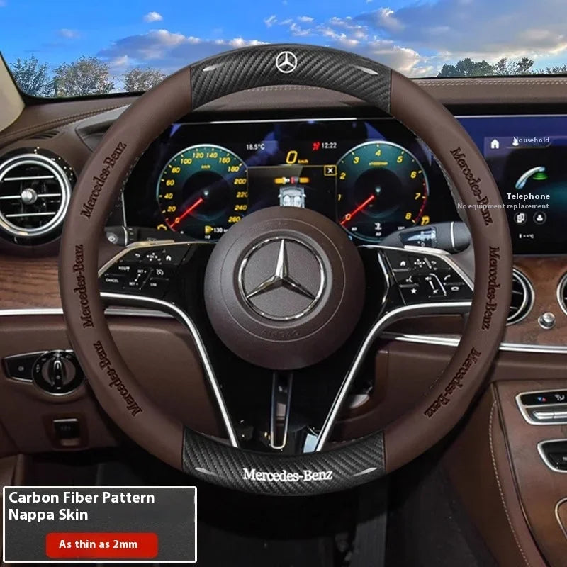 Mercedes-Benz Carbon Fiber Leather Steering Wheel Cover — Anti-Slip Fit for A/B/C/E/S/V/R-Class, C43, CLA, GLA, GLB, GLC, GLK, SLK, SL, Vito