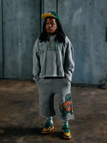 Y2K Alligator Grey T-Shirt Set - Vintage Letter Print Long Sleeve Top and Casual Shorts for Men & Women