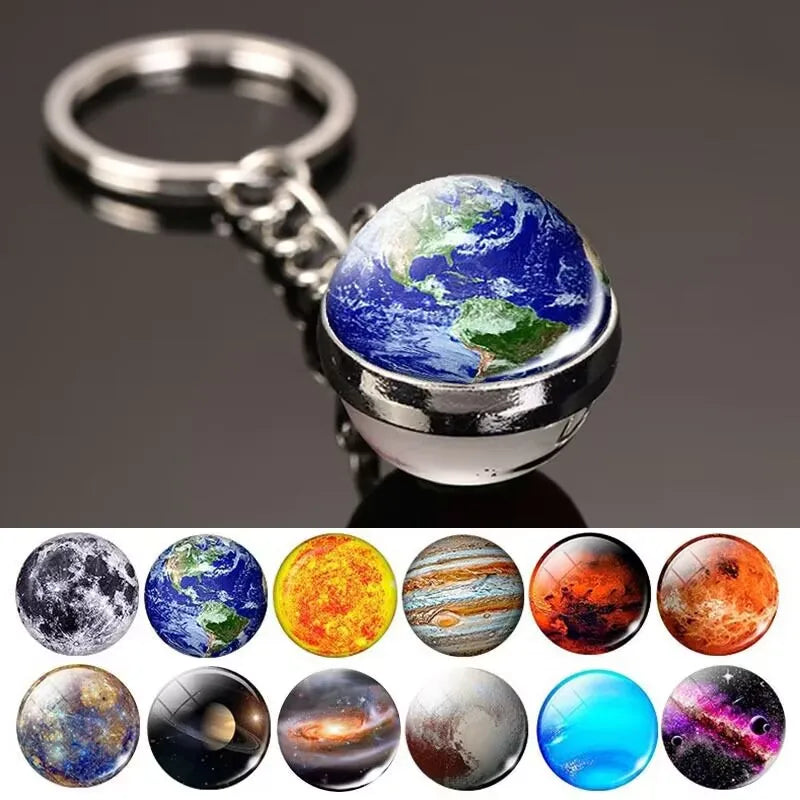 Glow in the Dark Solar System Keychain – Luminous Nebula Planet Key Ring with Moon, Earth, Sun, Double-Sided Glass Ball
