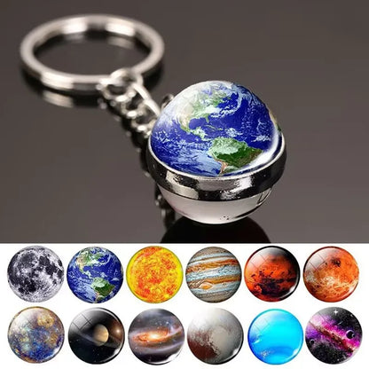 Glow in the Dark Solar System Keychain – Luminous Nebula Planet Key Ring with Moon, Earth, Sun, Double-Sided Glass Ball