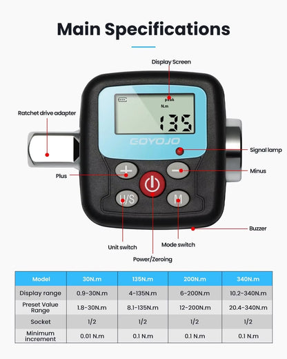 GOYOJO 1/2" Digital Torque Wrench Adapter - Electronic Torque Converter with Digital Display & 1/4", 3/8" Adapters for Cars