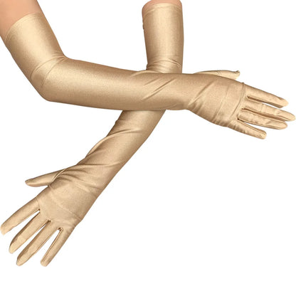 Classic Satin Long Stretch Gloves for Women – Opera, Elbow & Wrist Length Costume Gloves in Black, White, Red & Grey for Parties & Flapper Style