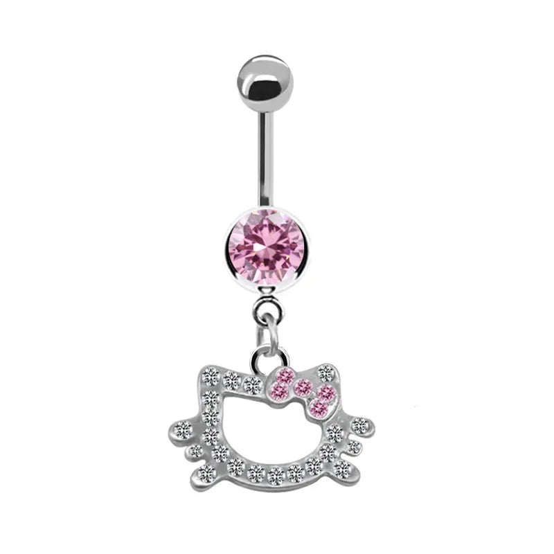 Sweet Butterfly Crown Heart Belly Button Ring – Pink & White Crystal Hello Kitty Dangle Navel Piercing Jewelry for Women