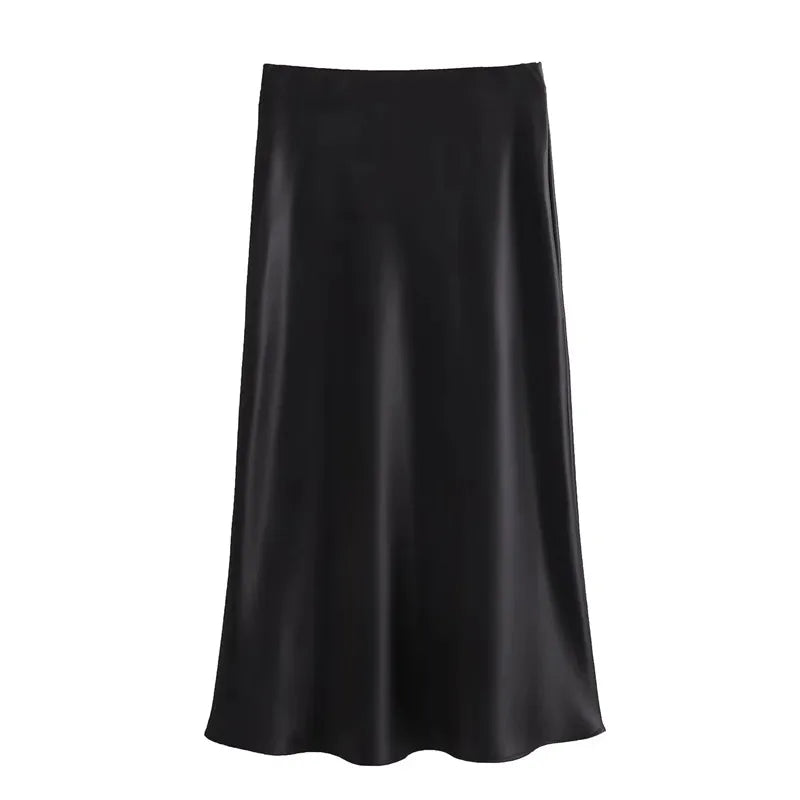 TRAF Women’s 2024 Satin Skirt — High Waist Black Midi Summer Skirt, Elegant Office Long Skirt for Women