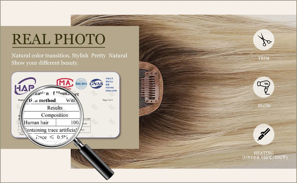 Blonde Brown Ombre Hair Topper – 100% Remy Human Hair, 12" Silk Base, 150% Density, 3-Clip Hairpiece for Women