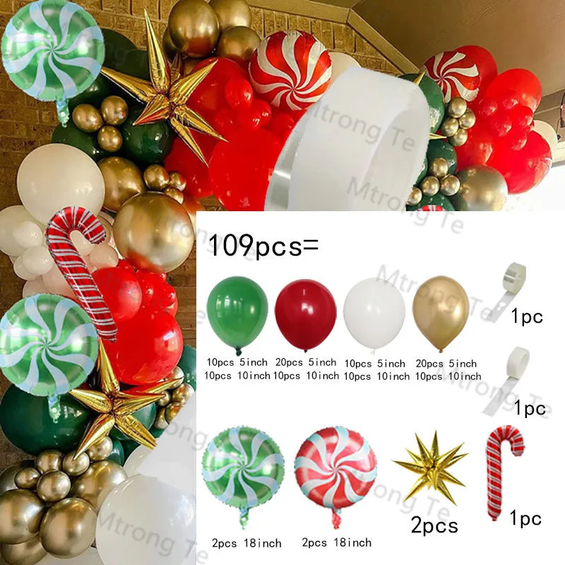 Christmas Balloon Garland Arch – Red & Green Balloons, Star, Santa, and Gift Box Foil Balloons for Xmas and New Year Decoration
