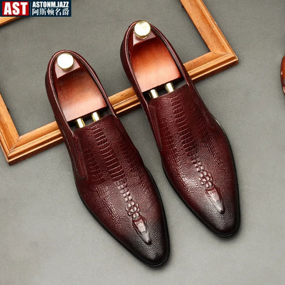 Men’s Genuine Leather Oxford Shoes - Handmade Crocodile Pattern Formal Wedding Business Dress Shoes in Black or Blue
