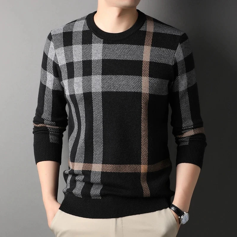 Luxury Men’s Knitted Wool Pullover – Autumn Winter O-Neck Striped British Casual Sweater